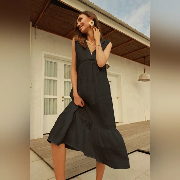 NWT - Hemp-Linen Frieeah Black Midi Nightgown Dress - Size L - Picture 8 of 8